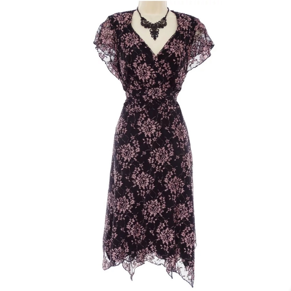 18W 2X▪️BLACK/PINK FLORAL LACE ASYMMETRICAL DRESS